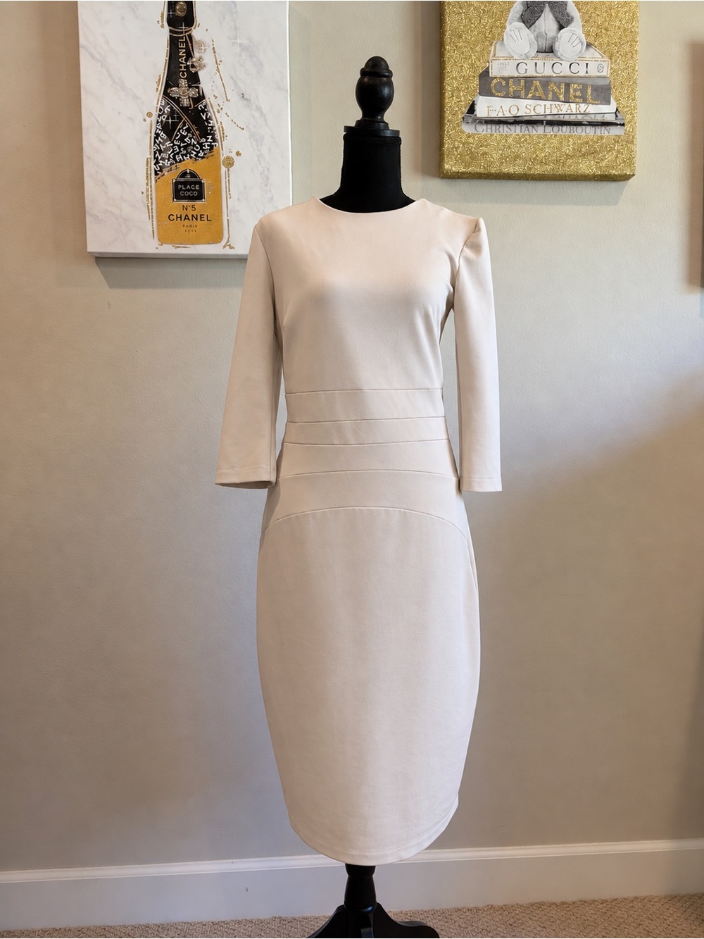 COLETT Size 40 Cream Beige Stretch Knit Midi Sheath Dress 3/4 Sleeve EUC